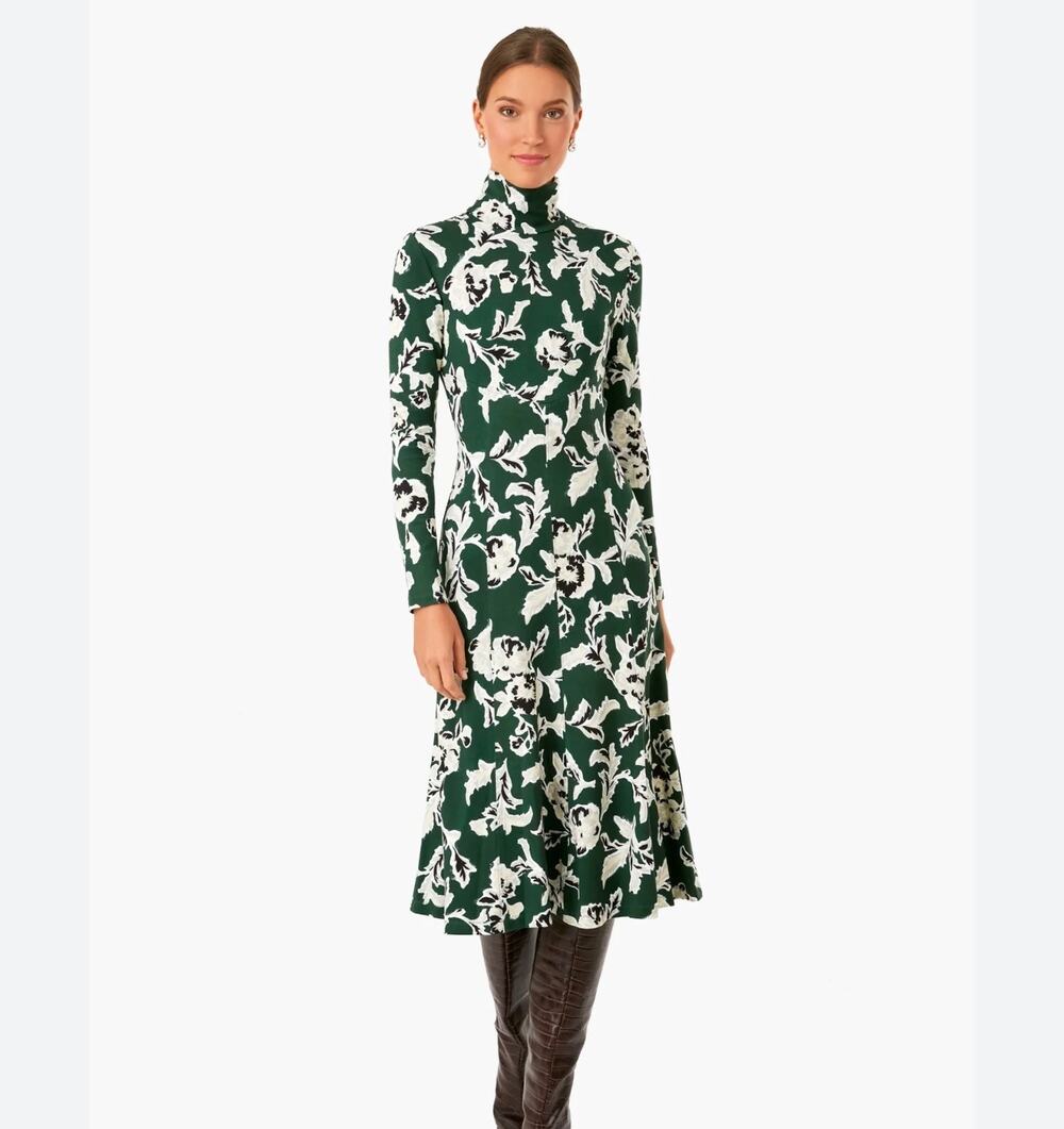 Tanya Taylor Green Floral Mock Neck Midi Dress Long Sleeve Size Small